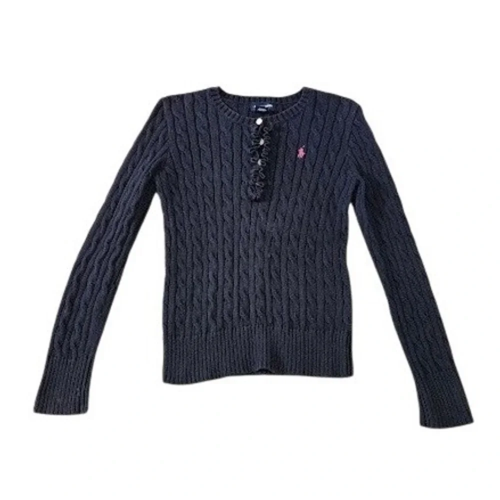 Ralph Lauren Cable Knit Ruffle Button Sweater Girl Size Large Navy Blue Cotton